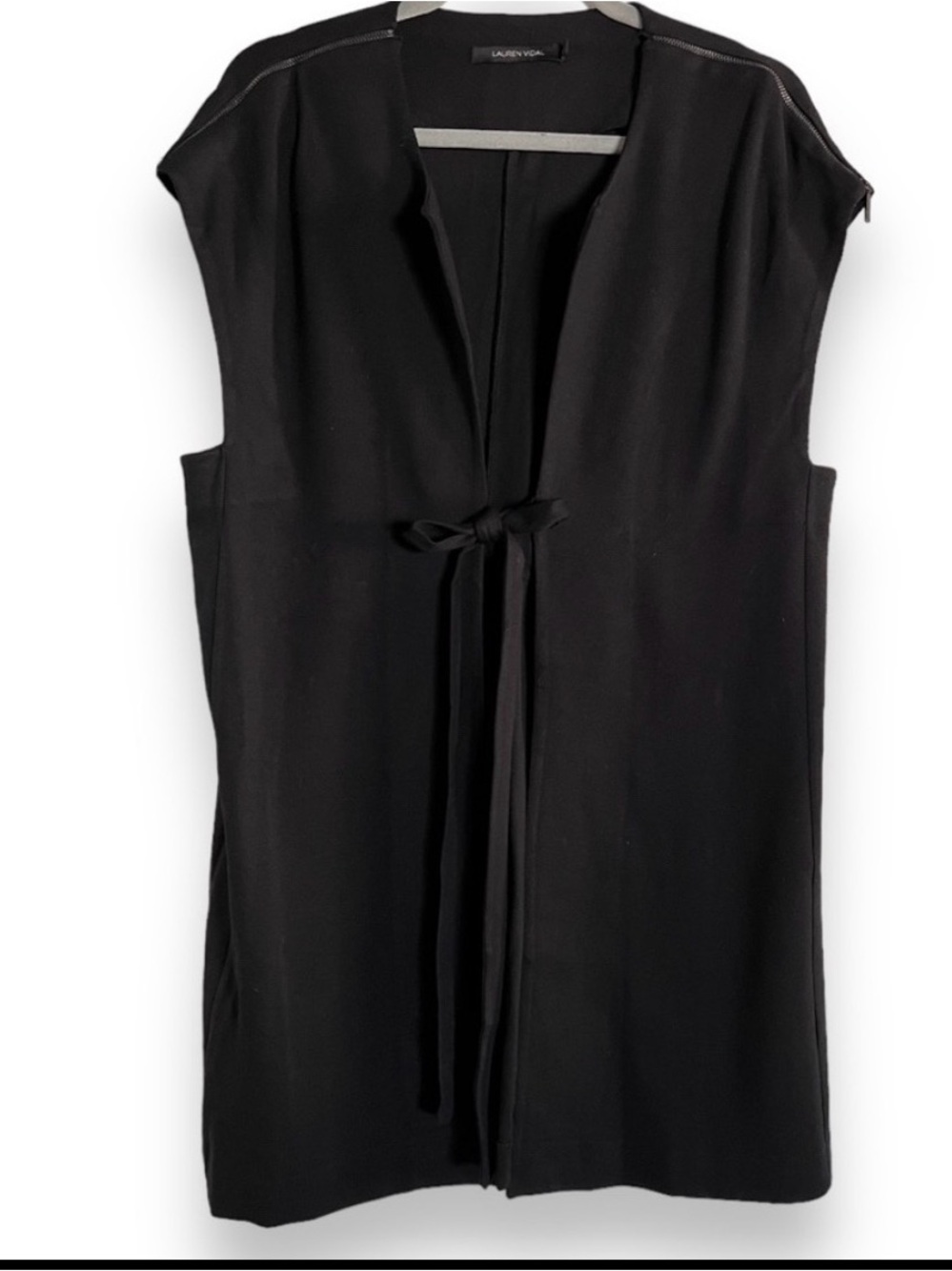 Lauren Vidal Tie Front Zip Shoulder Vest Size Large Black Lagenlook